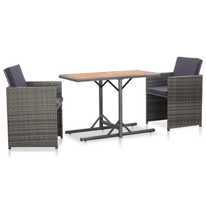 316470 Salon de bistro 3 pcs et table basse - avec coussins Résine tressée Gris Meuble d'excellent
