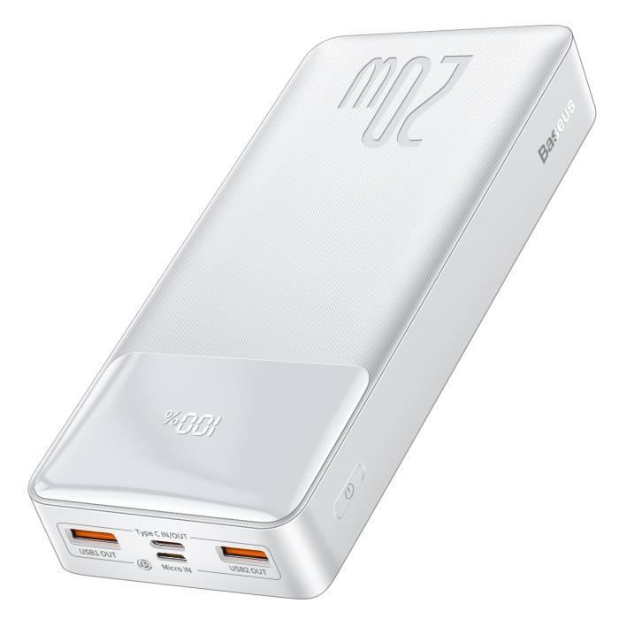 Baseus Batterie Externe 20000mah PD 20W Power Bank avec Écran LED,4 Ports Blanc