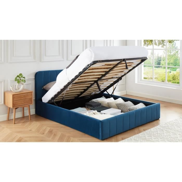 Lit coffre 160x200cm en velours bleu canard avec tête de lit + sommier à lattes - Collection Ava - ELLE DECORATION