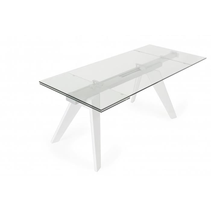 Table de repas extensible INDIANNA WHITE plateau et allonge en verre trempé piétement blanc laqué transparent verre Inside75