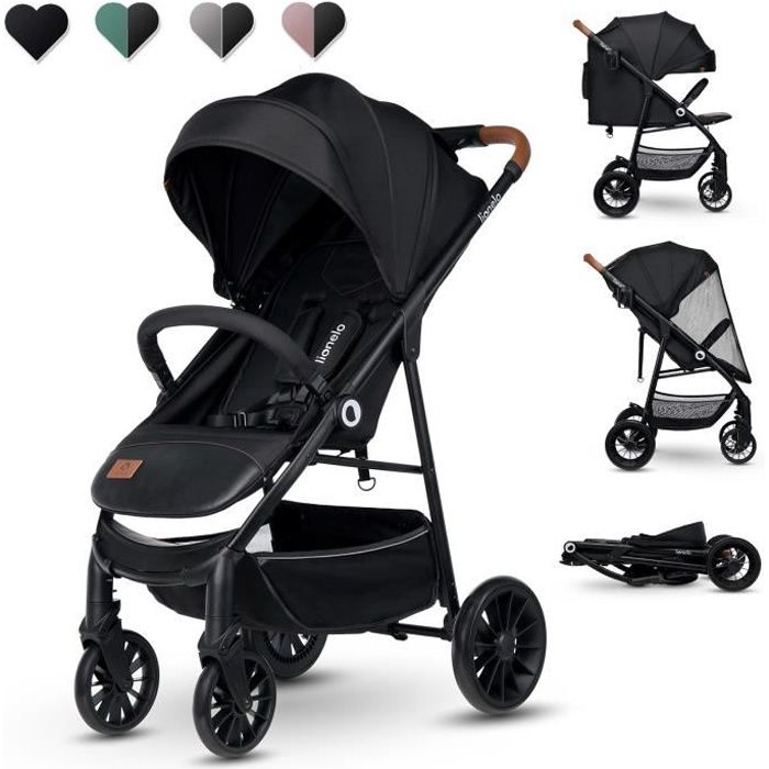 LIONELO Zoey Poussette Buggy jusqu'à 15 kg Capote XXL avec protection solaire Position allongée Moustiquaire pliable, Noir