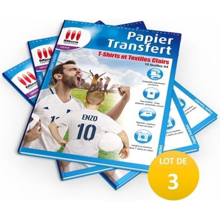 LOT DE 3 PACKS : 3X Papier Transfert pour T-shirts et Textiles Clairs Micro Application 3x MA-5017 soit 30 feuilles A4