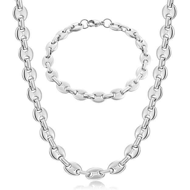 YOLISTAR Chaine Maille Grain de Café Homme Collier et Bracelet en Acier Inoxydable, 9mm Argent