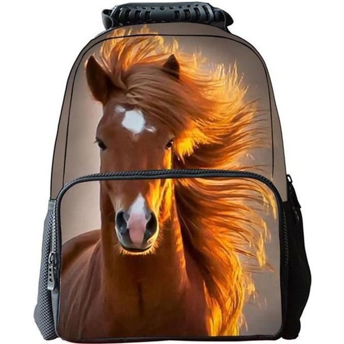 Sac à Dos Enfant Ado Thème Cheval - Cartable École Nylon - Dimensions 42x31x15 Cm - 3