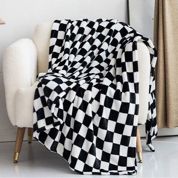 Couverture à carreaux en flanelle noire et blanche 127 x 152 cm pour canapé chambre à coucher chaise décoration dintérieur