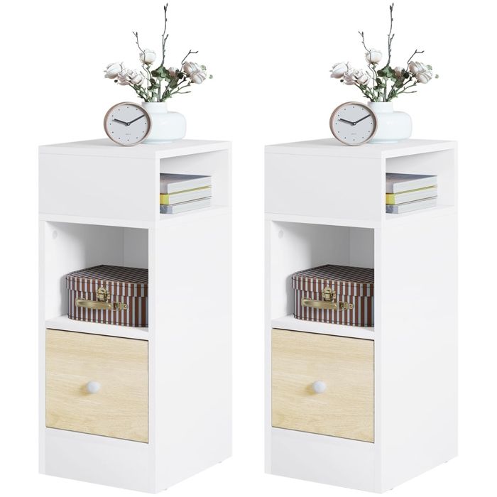 Chevet Étroite EUGAD Lot de 2 Table de Nuit en Aggloméré 2 Compartiments Ouverts et 1 Tiroir Blanc+Chêne Clair