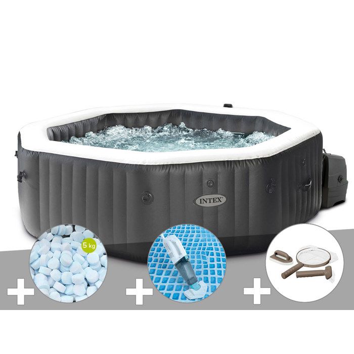 Kit spa gonflable Intex PureSpa Carbone octogonal Bulles et Jets 4 places + 5 kg de sel + Aspirateur + Kit dentretien