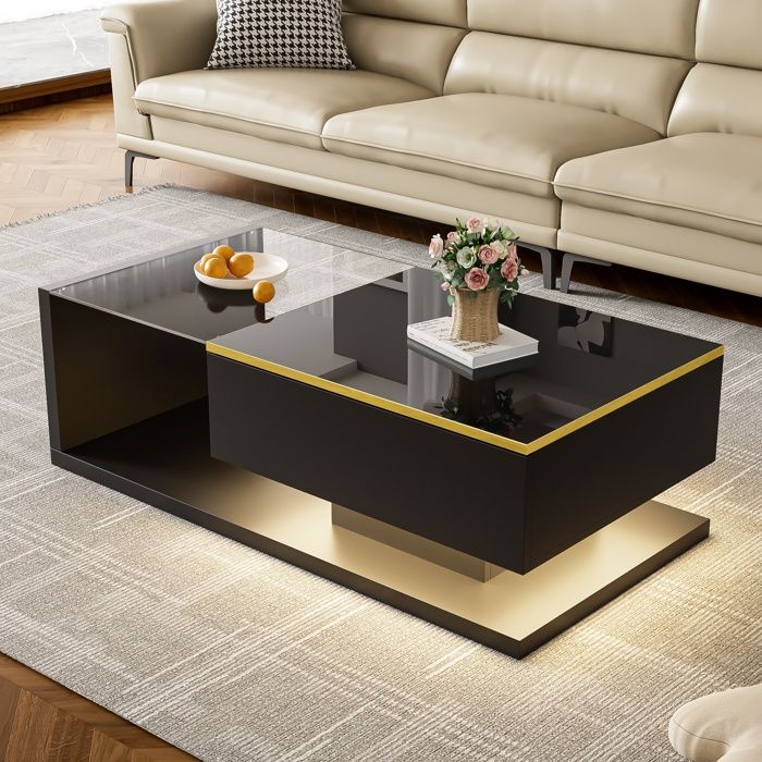 Table basse salon en Verre LED 1 Porte Compartiment Rangement Style Moderne et élégant Meuble Salon 100x50x325cm Noir brillant