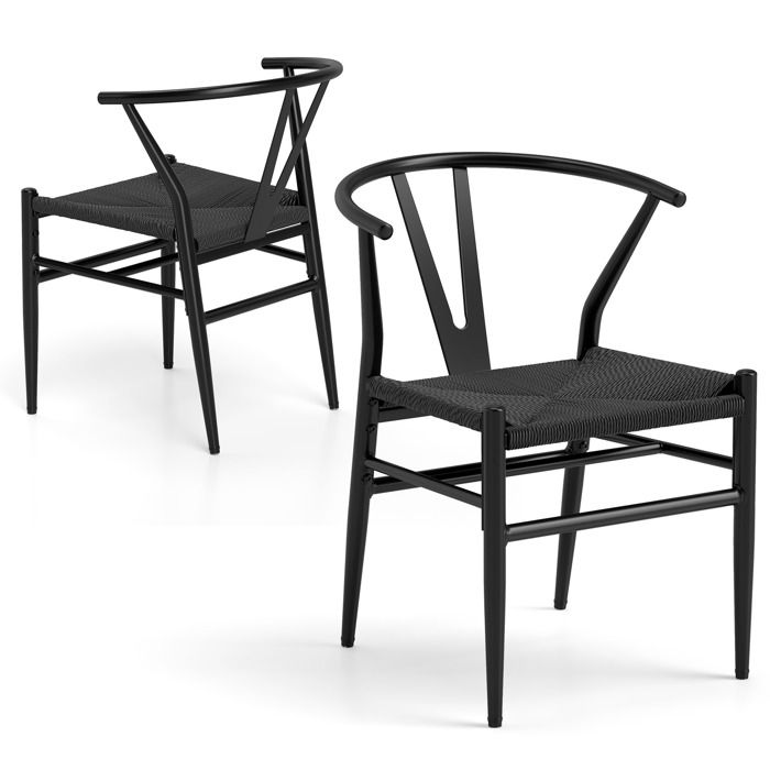 Chaises Salle à Manger Lot de 2 - RELAX4LIFE - Dossier Creux en Y - Assise Tissée à la Main - Style Médiéval - Charge 150KG - Noir