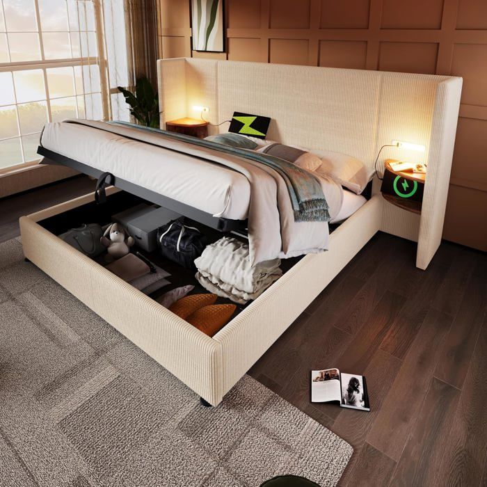 Lit Double Rembourré 160x200 avec Table de Chevet Chargement USB Type-C et Lampe Velours Côtelé Beige (sans Matelas)
