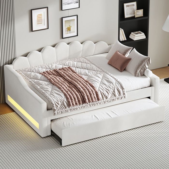 Lit Gigogne 140x200 cm Lit de Repos Rembourré avec bande LED Beige