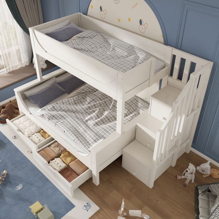 Lit superposé pour enfants - Lit superposé avec échelle - Tiroirs à roulettes - Bois massif/MDF - Couchages 90x200 & 140x200