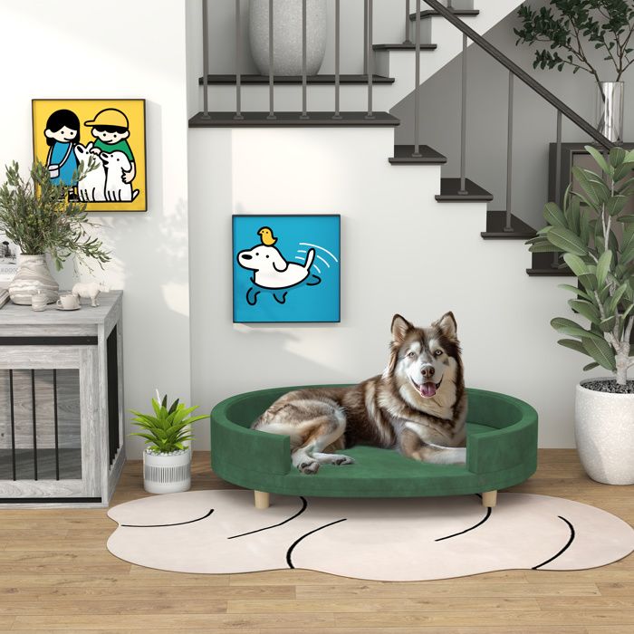 Comparer les prix de Canapé pour chien fauteuil pour chat surface en velours avec coussin amovible pieds en bois 100l x 70P x 25H cm vert