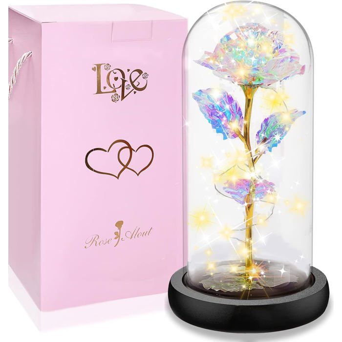 Rose Éternelle Sous Cloche Avec LED - Cadeau Parfait Pour Maman, Saint-Valentin Et Fête Des Mères