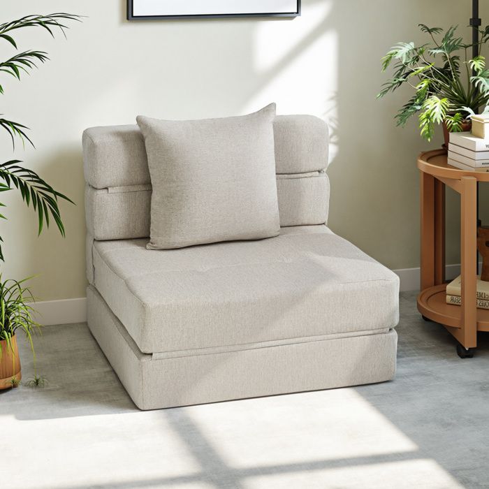 Chauffeuse canapé-lit convertible fauteuil 1 place avec 1 coussin déhoussable tissu beige