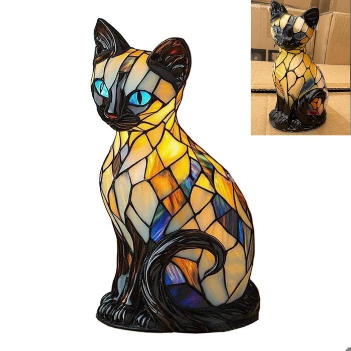 Lampe Chat Veilleuse de Table Chat en Résine Teintée Style Rétro Lampes Animaux  Lampes de Table LED 3D Chats Mignons  (chat B)