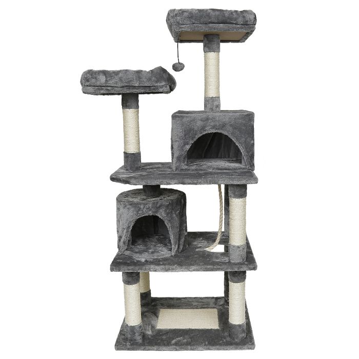 Comparer les prix de Arbre à chat Multiniveau Tour de Jeux pour Chat avec 2 Terriers 2 Perchoirs 2 Balles en Peluche 60x48x145 cm Gris
