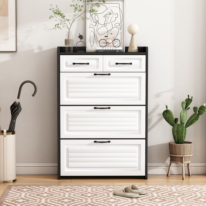 Meuble à Chaussures Moderne 3 Portes Abattantes avec 2 Tiroirs Noir & Blanc Meuble d’Entrée Gain de Place 80×23.5×131 cm Meuble à Chaussures Moderne 3 Portes Abattantes avec 2 Tiroirs Noir & Blanc Meuble d’Entrée Gain de Place 80×23.5×131 cm