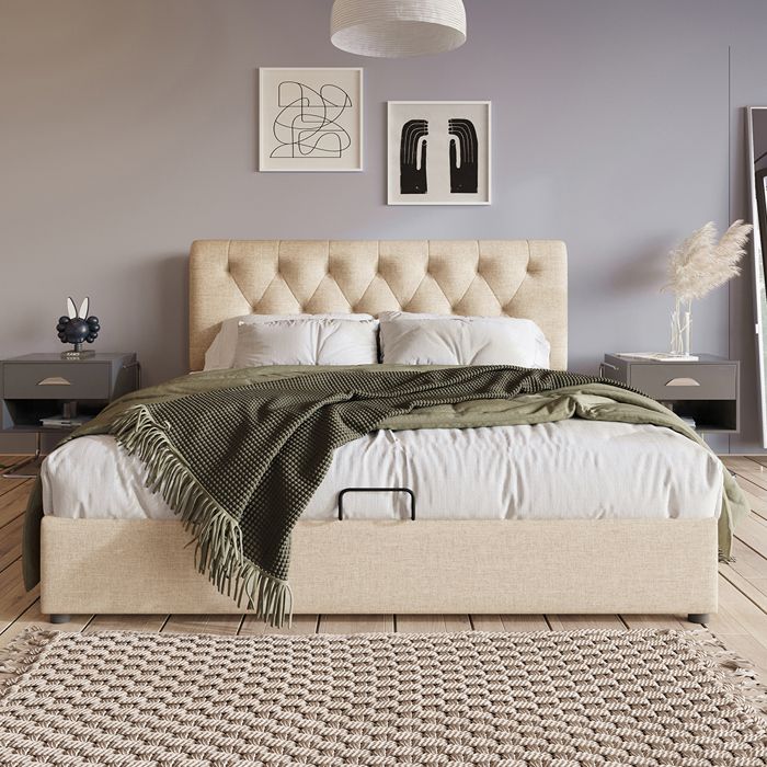 Structure de lit 140 x 200 cm avec coffre de rangement Lit adulte avec sommier à lattes Tête de lit réglable Lin Beige