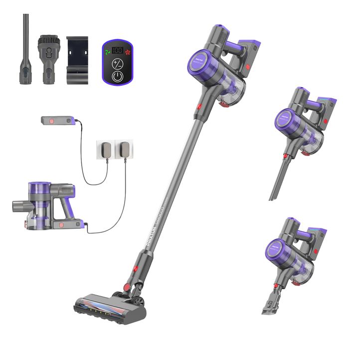 PRIXTON Aspirateur Balai sans fil Sirocco Cyclone 2 en 1 400 W 30 kPa Filtre HEPA H12 Écran LED Autonomie 40 min