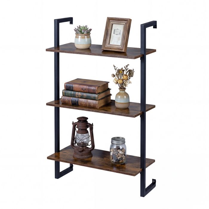 Étagère Murale à 3 Niveaux COSTWAY pour Bar à Café Support de Rangement Suspendu pour Cuisine Salon Bureau Salle de Bain Marron