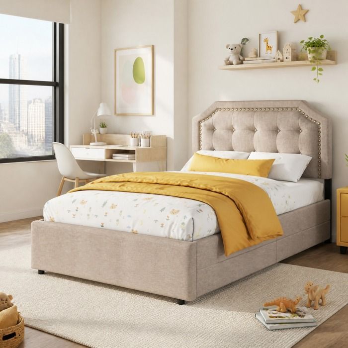 ULEVR lit 1 place 90 x 200 cm avec tête de lit capitonnée réglable 2 tiroirs lattes beige foncé