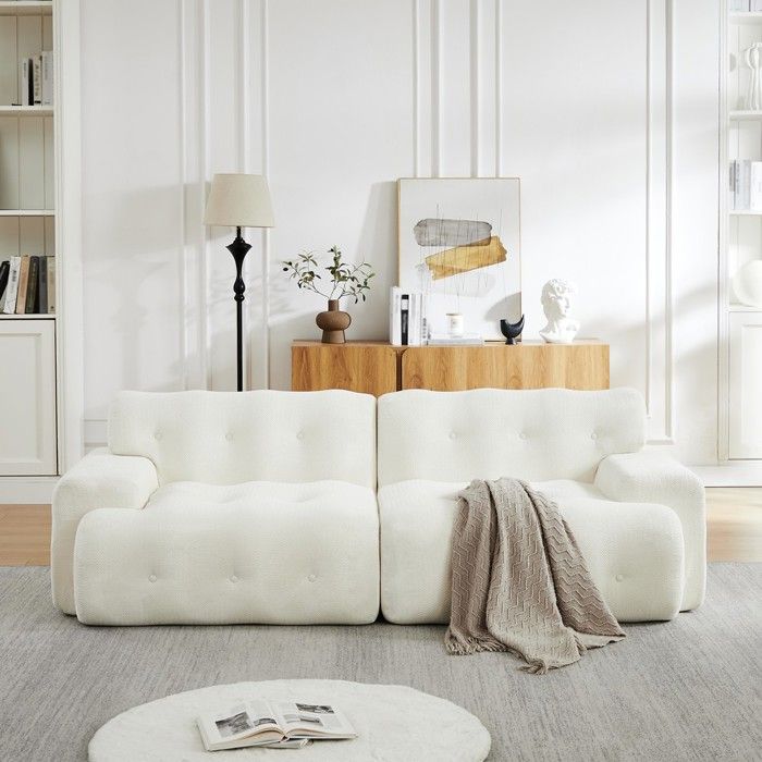 Canapé deux places - Cloud Sofa - Tissu chenille beige - Accoudoirs larges - Capitonnage boutonné