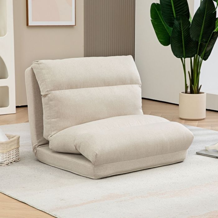 Fauteuil de sol pliable - MINIMAL - 70x72x56 cm - Dossier 6 positions - Rembourrage épais 16/23 cm - Aspect lin beige Fauteuil de sol pliable - MINIMAL - 70x72x56 cm - Dossier 6 positions - Rembourrage épais 16/23 cm - Aspect lin beige