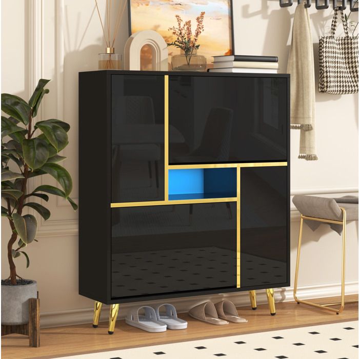 MEULVA Meuble à chaussures noir 80 x 25 x 96 cm façade brillante LED 16 couleurs 2 portes