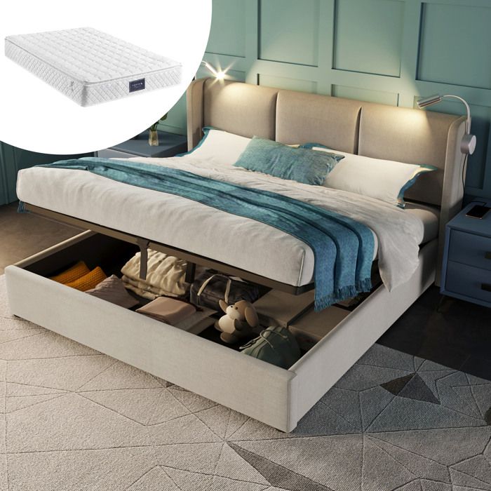 HOMVRA lit coffre 160x200 cm avec sommier à lattes liseuses et charge USB tissu aspect lin beige
