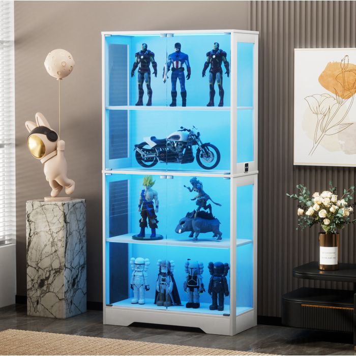 JOINERY meuble vitrine rangement LED capteur de mouvement 80 x 35 x 165 cm MDF verre blanc 4 niveaux portes vitrées moderne