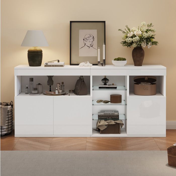ROVRYN buffet bas 155 5 x 35 x 72 cm blanc façade brillante avec LED contrôlable par application 3 portes verre