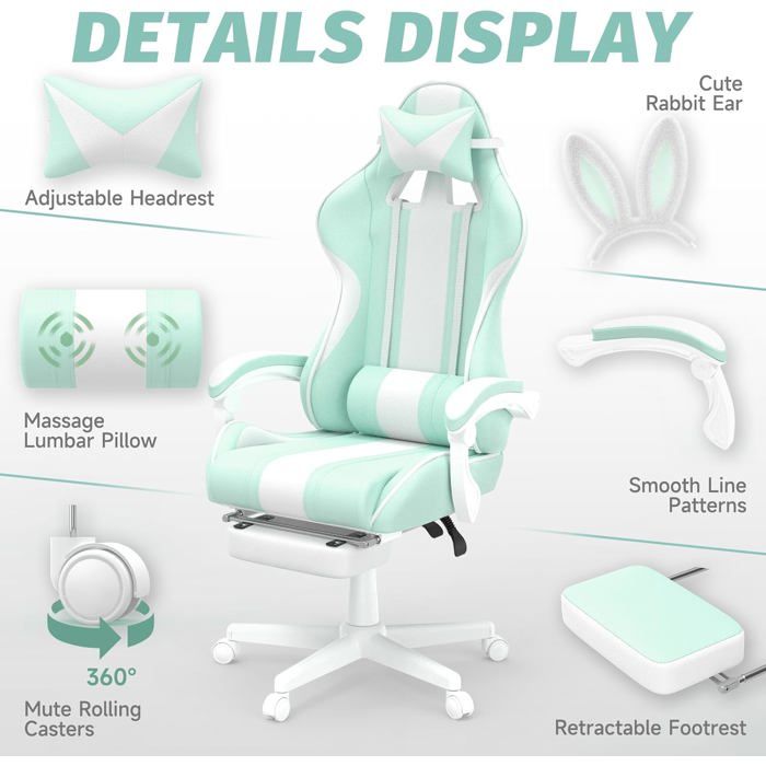 Taktack Chaise Gaming Kawaii avec Oreilles de Lapin Repose-Pieds Coussin Lombaire Massant Dossier 90°–135°Vert clair