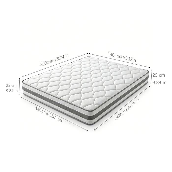 Matelas à ressorts ensachés 7 zones H4 140x200 cm hauteur 25 cm mousse de confort ergonomique adulte
