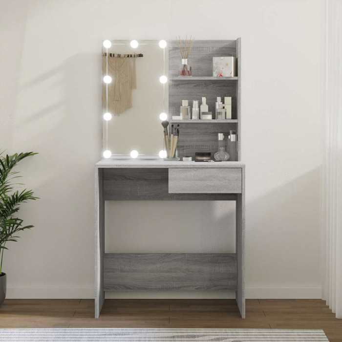 vidaXL Coiffeuse LED sonoma gris 74 5x40x141 cm éclairage intégré meuble maquillage design scandinave compact