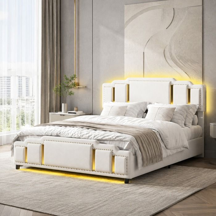 Lit coffre beige 160 x 200 cm LED tête de lit rembourrée structure à lattes finitions dorées