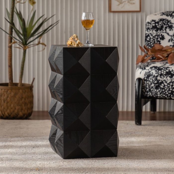 Table dAppoint Rétro Carrée en Bois Massif avec Motifs en Relief 3D sans Assemblage - 37x37x60cm - Noir