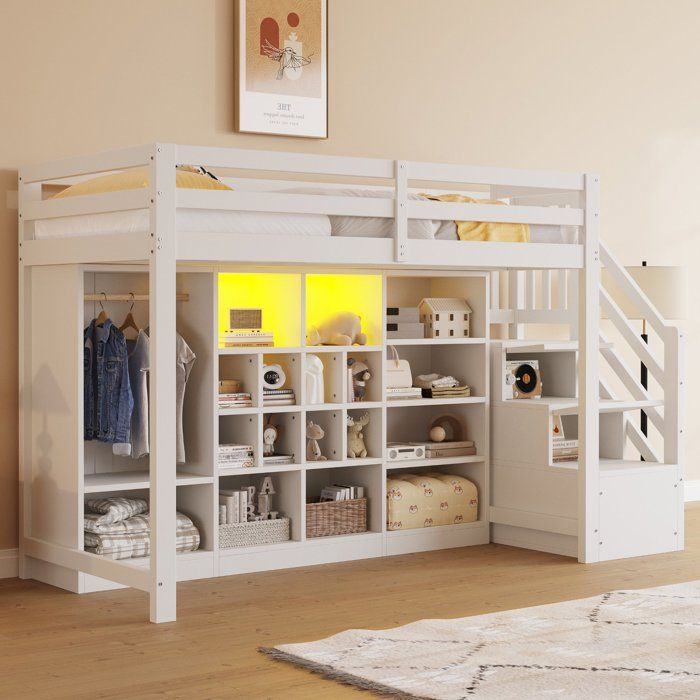 Lit surélevé 90x200 cm blanc avec rangements intégrés placard étagères échelle et led
