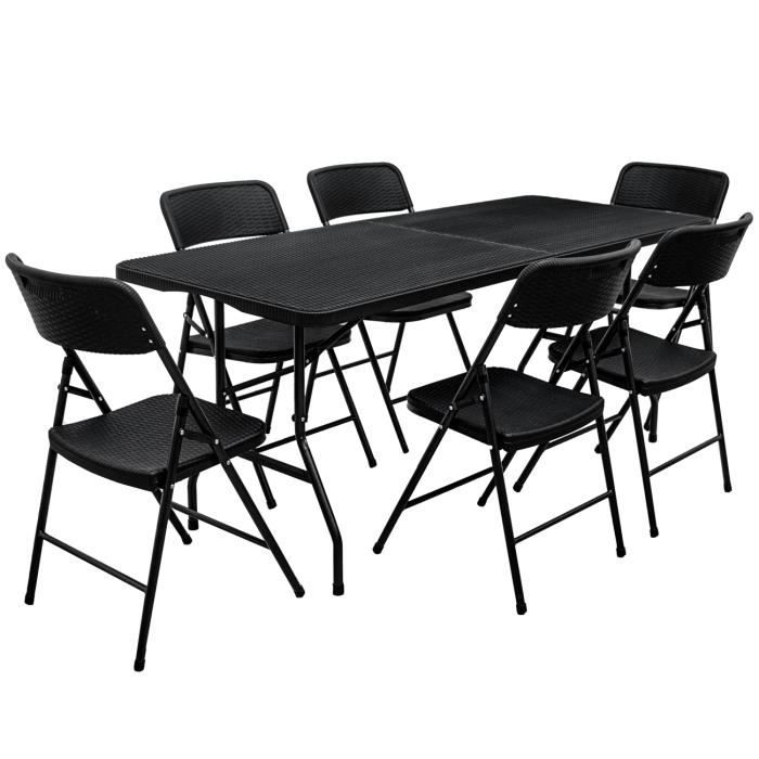 Ensemble de meubles de jardin Table de 180cm 6 chaises Pliable Aspect Rotin Noir