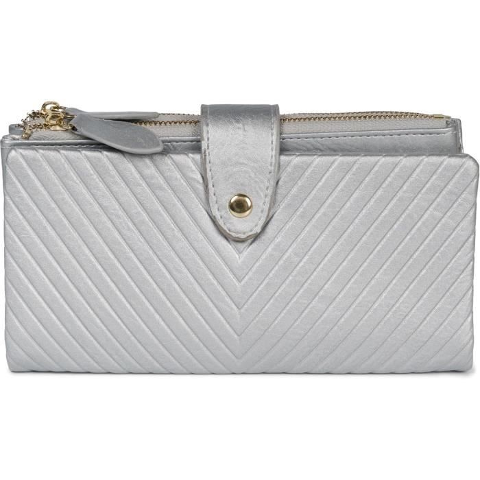 Porte-Monnaie Pour Femme Avec Structure En V En Relief, Bouton Pression, Fermeture ??clair 