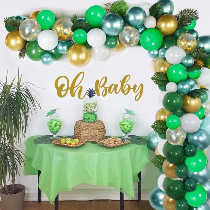 Kit de Guirlande Ballon Arche Vert, Décorations Ballon Fête Vert Sauge Blanc Or Arc de Ballons pour Anniversaire Mariage Fête Prénatale, Fête Tropicale, Décoration Thème Jungle Safari Fond