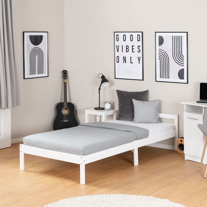 Lit en bois 90 x 200 cm blanc – Lit simple avec sommier à lattes pour chambre denfant dadolescent ou dinvité