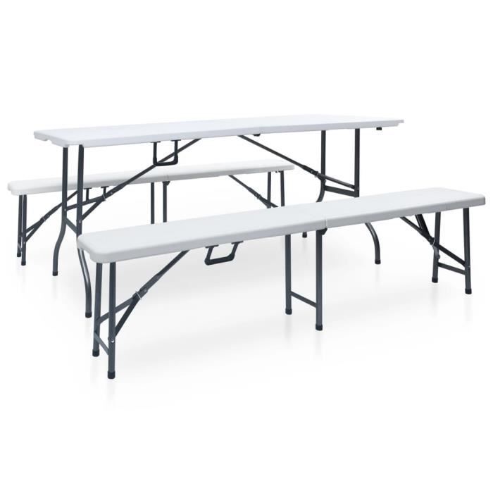 Table Pliable De Jardin Avec 2 Bancs 180 Cm Acier Et Pehd Blanc Cdiscount Jardin
