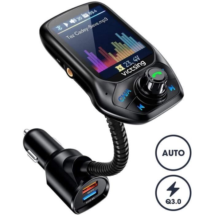 Transmetteur FM Kit Bluetooth Voiture Adaptateur Voiture, Automodulation de FM Fréquence, 3 USB Inclus QC3.0 Charge Rapide,1.8” Ecra