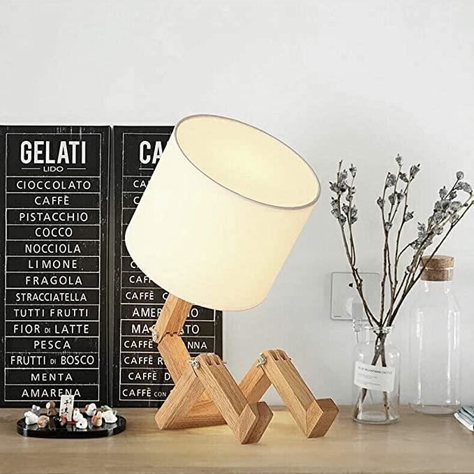 tête pivotante à 360° et lampe pliable avec abat-jour en tissu vis E27 pour éclairage décoratif salon chambre à coucher deepee Lampe de chevet robot créatif en bois 