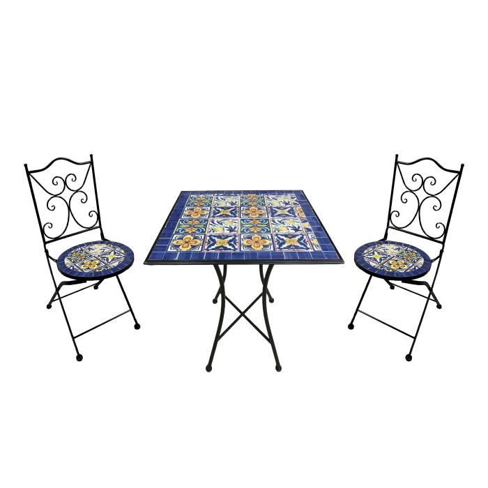 Ensemble Bistro - AXI - Camilla - 2 Chaises Pliantes - Table Carrée - Mosaïque Bleu Méditerranéen