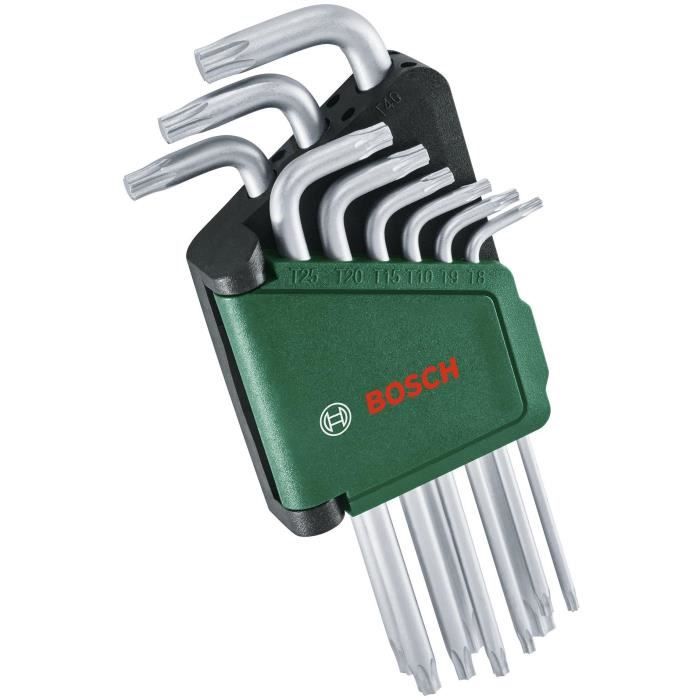 Bosch Set de 9 clés Torx clés multitâches en acier S2 TX8 TX40 côté long surface antirouille barrette de rangement
