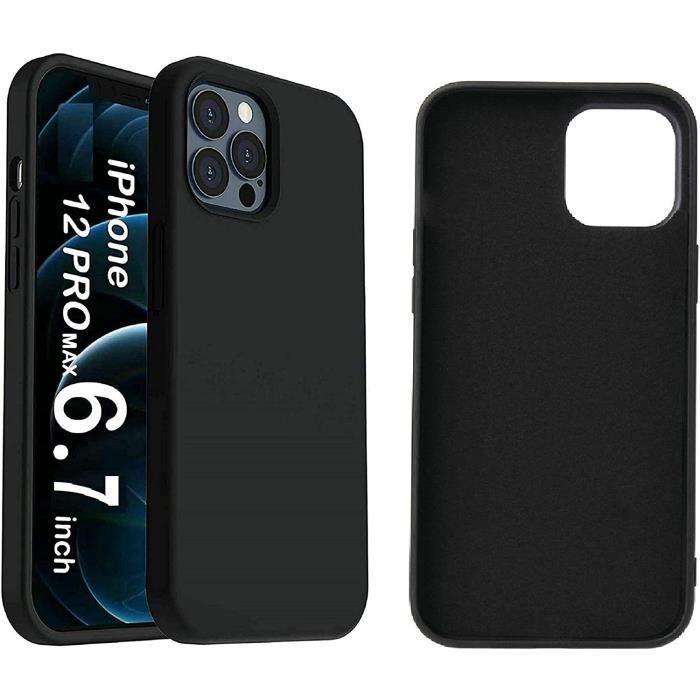 Coque iPhone 12 pro max 6.7 pouces Silicone noir Liquid modèle 2020 anti choc doublure microfibre Protection iphone téléph W