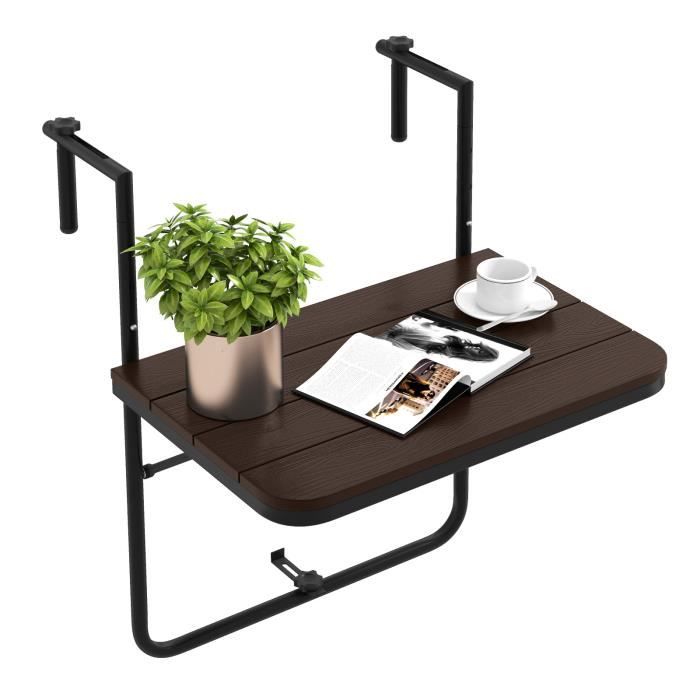 costway table de balcon suspendue en hips et métal pliable avec hauteur réglable, revêtement antirouille, charge 30kg, café