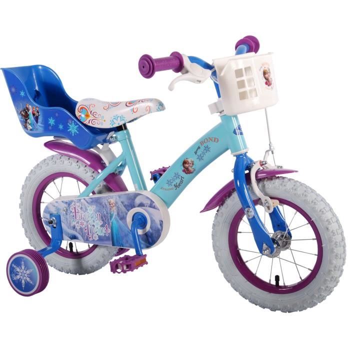 Vélo Reine des Neiges 14'' Fille équipé de 2 Freins Caliper - Roue Libre - Pneus Gonflables - Jantes aciers avec Rayons - Panier Avant - Porte-poupée arrière - Garde-Boue - 2 Stabilisateurs